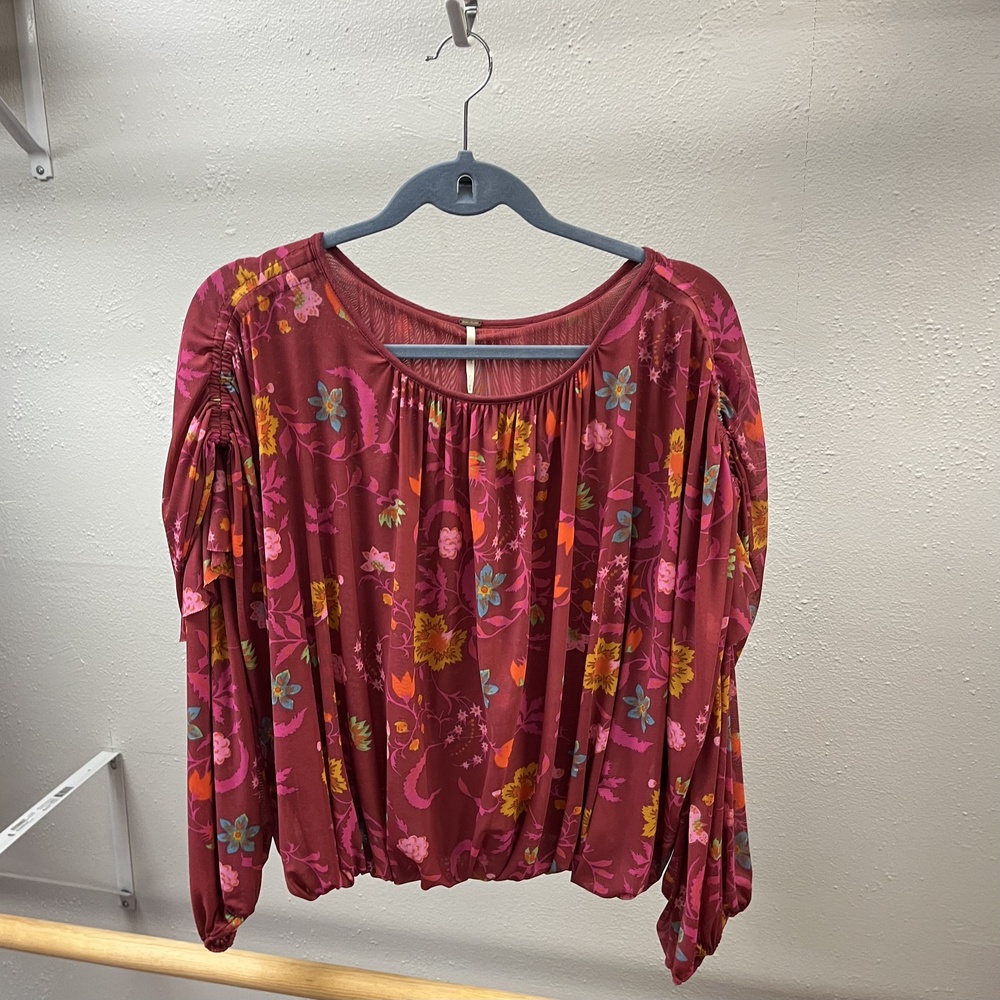Free People Top Womens M Wildflower Floral Honey Mesh Draped Peasant Boho Blouse